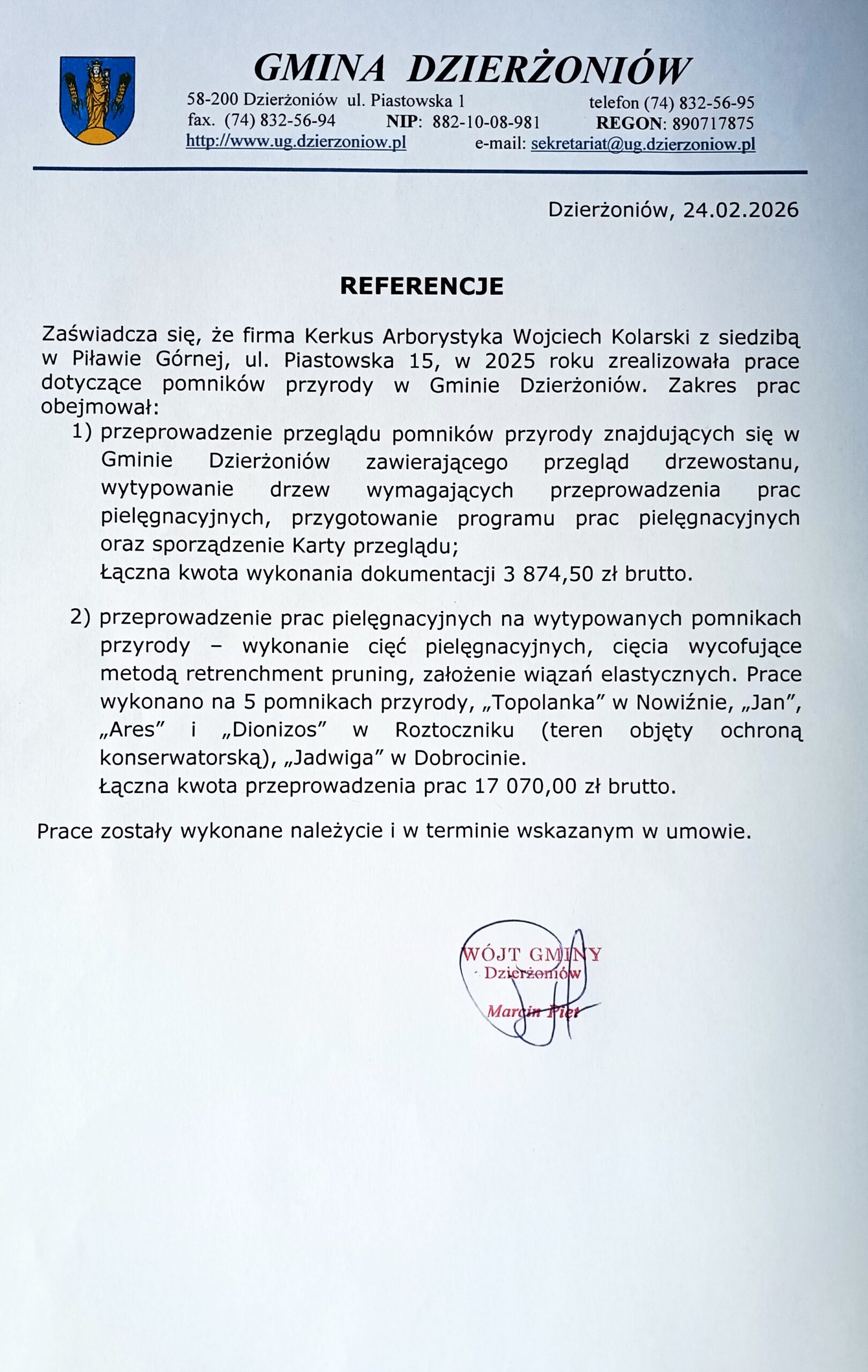 Referencje Dzierżoniów pomniki przyrody 2025